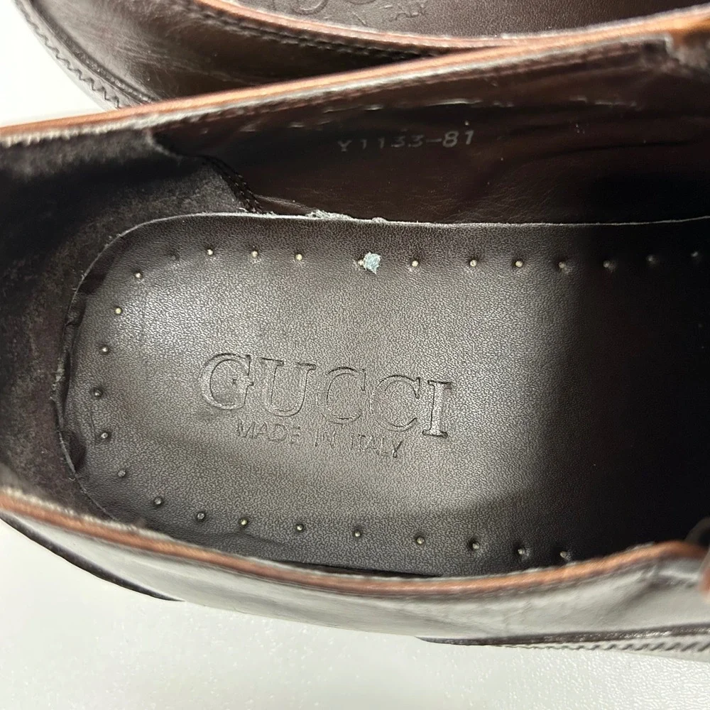 Gucci Mens Dark Brown Leather Square Toe Slip On Dress Shoes Made in Italy Sz 40